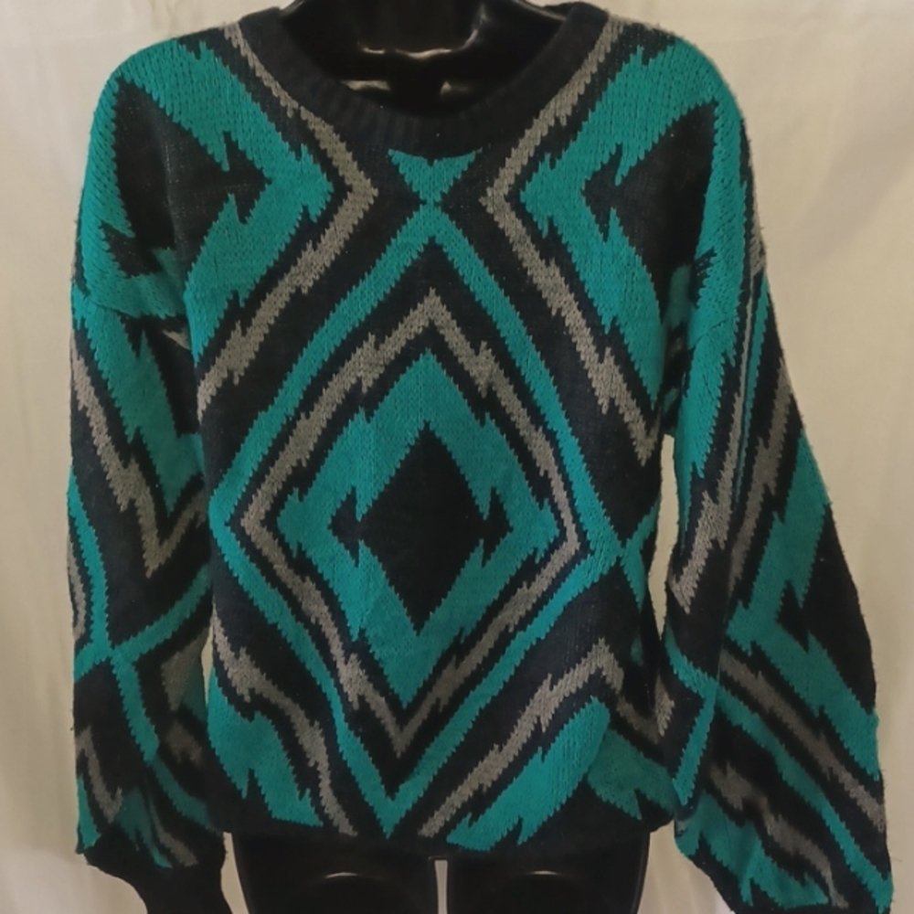 Vintage 90s Roberto Sweater, S, teal/gray/black, geometric design